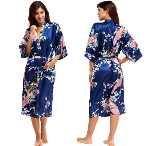Buy Women Sexy Silk Satin Robe Dress Peacock Floral Print Kimono Pajamas Cardigans Autumn