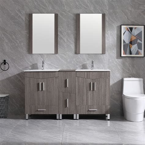 Buy Wonline 60 Bathroom Vanity Wood Cabinet W Double White Sink Andfaucet
