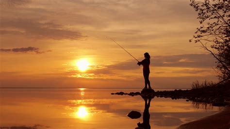 Woman Fishing On Fishing Rod Spinning At Sunset Background Stock Video