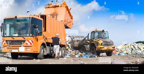 Garbage Truck Unloading At A Landfill Stock Photo Alamy