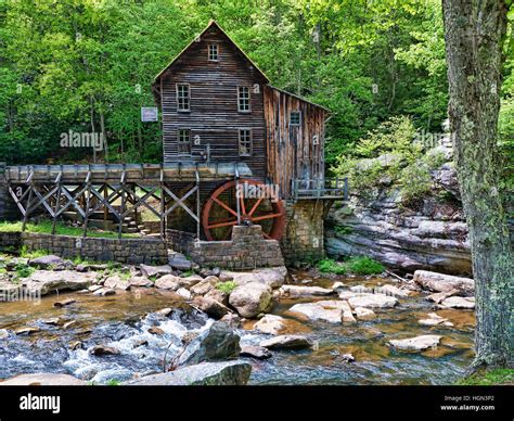 Wooden Built Glade Creek Grist Mill Powered By A Waterwheel In Stock