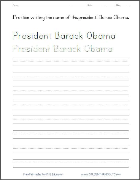 Barack Obama Handwriting Worksheets Student Handouts
