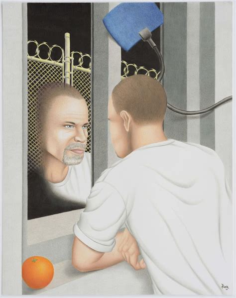 a drawing of a man looking at himself in the mirror with an orange next to him
