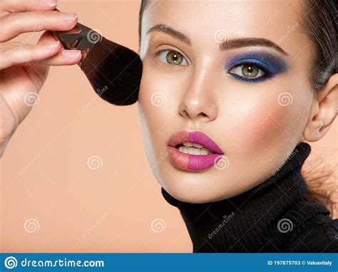 Portrait Of A Girl With Cosmetic Brush Near Face Portrait Of A Woman Applying Cosmetic Tonal