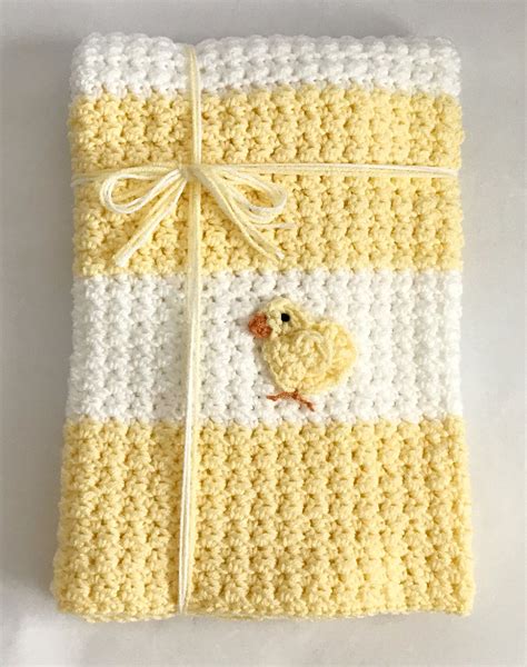 Crocheted White And Pale Yellow Blanket With Baby Chick Accent Gender