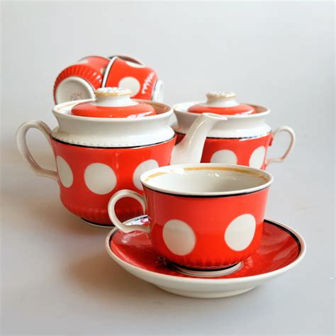 Polka Dot Tea Set For 4 Red And White Tea Cups And Saucers Etsy