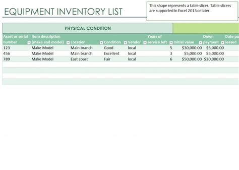 Equipment Inventory List Equipment Inventory List Template