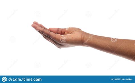 Black Woman S Hand Keeping Empty Cupped Palm On White Background Stock