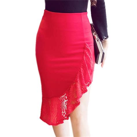 S 5xl Women High Waist Skirts 2022 Summer Lace Patchwork Sexy Skirts Formal Slim Red Office Lady