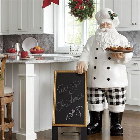 Festive Santa Chef Statue With Serving Tray And Chalk Board Menu