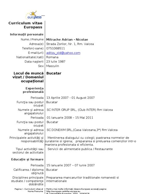 Nume / prenume tănăsescu, lucian adresă(e). Model Cv Curriculum Vitae European Romana
