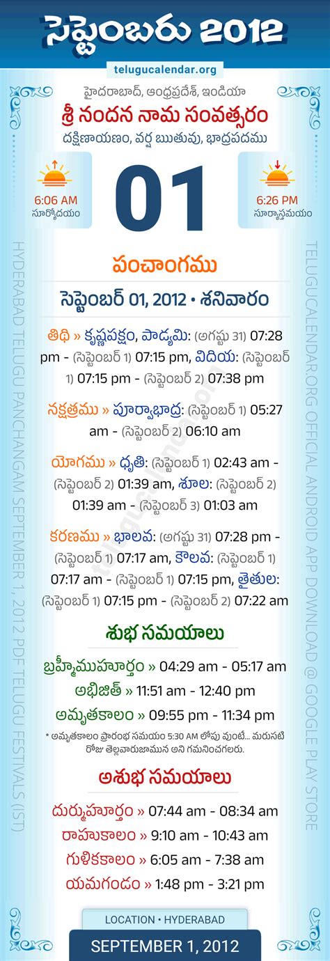 September 1 2012 Telugu Calendar Panchangam Andhra Pradesh