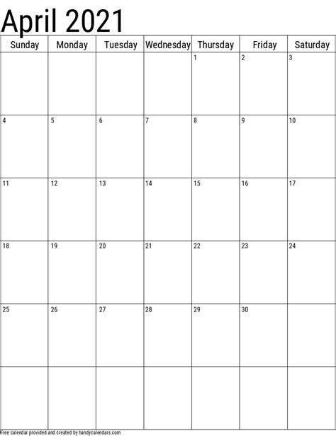 Download the horizontal layout printable monthly 2021 pdf calendar template with a large box grid and previous and next month placed at the bottom of each month for easy planning. April 2021 Calendar Vertical | Printable March