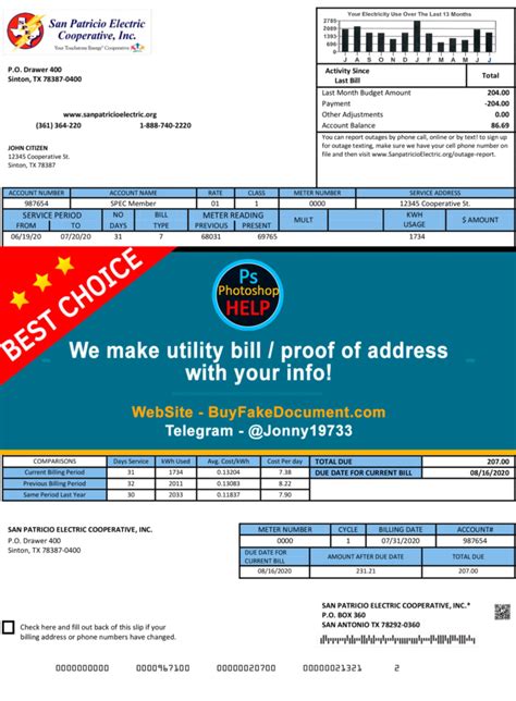 Fake Texas San Patricio Electric Corporative Utility Bill