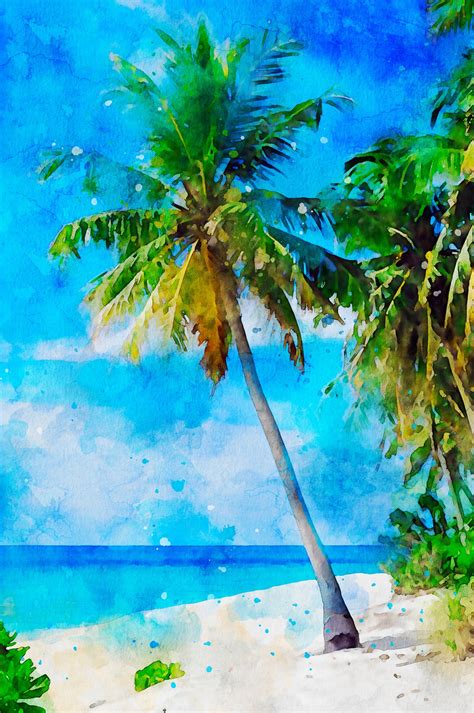 Beach Palm Trees Watercolor Painting