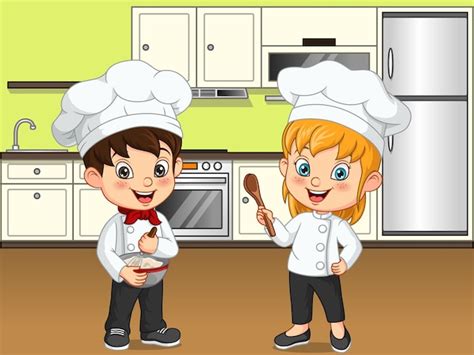Desenhos Animados De Crianças Cozinhando Na Cozinha Vetor Premium
