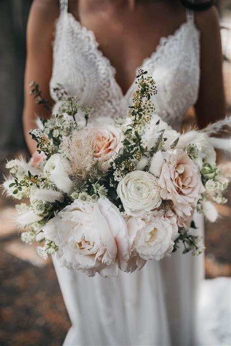 Bridal Bouquet With Blush Peonies Bunny Tails And Pampas Grass