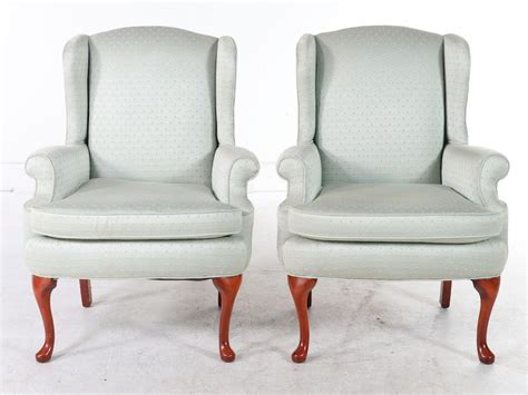 Pair Of Clayton Marcus Queen Anne Style Wingback Chairs Late 20th