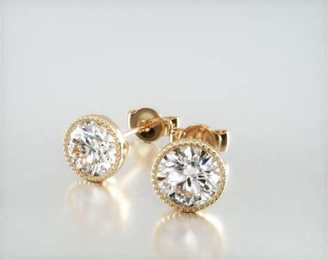 18K Yellow Gold Milgrain Bezel Diamond Stud Earrings Mounting