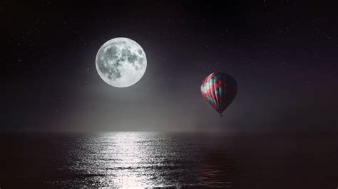Moon Sea Night Hot Air Balloon 4k 8k Wallpapers Hd