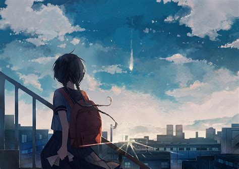 Hd Wallpaper Anime Girl City Night Clouds Back View School