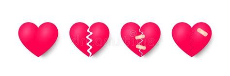 Broken Hearts Set Of 3d Realistic Icons Heartbreak With Bandage