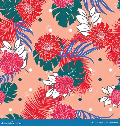 Pink Hand Drawn Hawaiian Tropical Leaves And Flowers Retro Dots Design