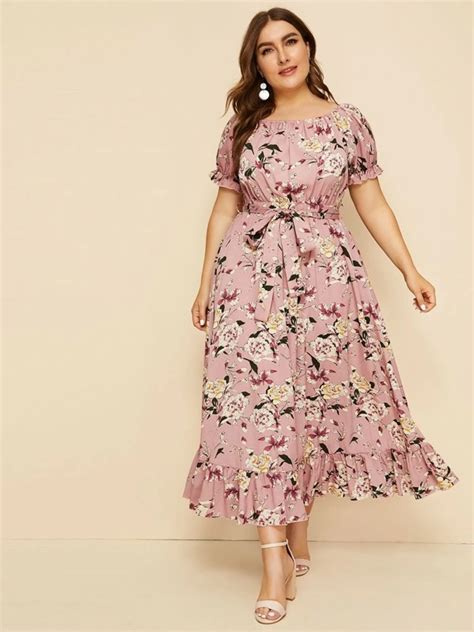 Plus Ruffle Hem Floral Print Belted Dress Shein Usa In Curvy