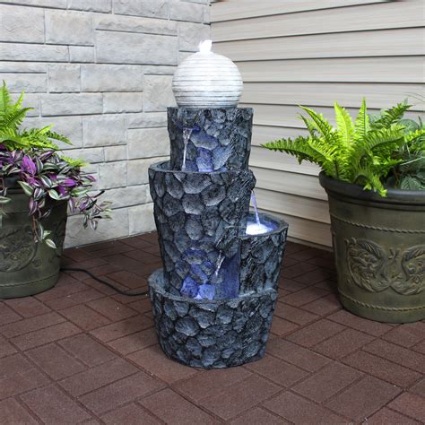 Sunnydaze Hewn Spiral Tower Outdoor Water Fountain With Led Lights