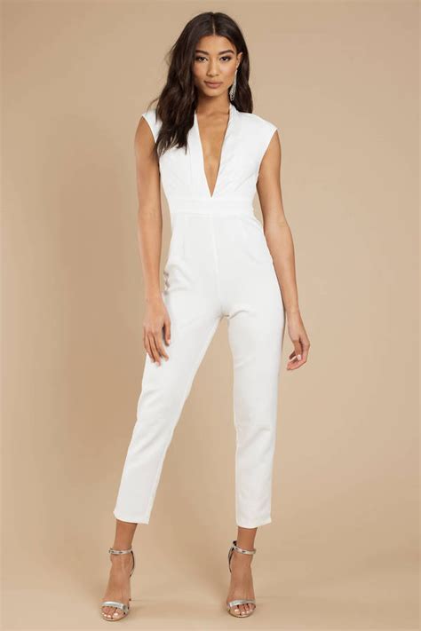 Takes Some Finesse Plunging Jumpsuit White Jumpsuit Wedding Jumpsuit