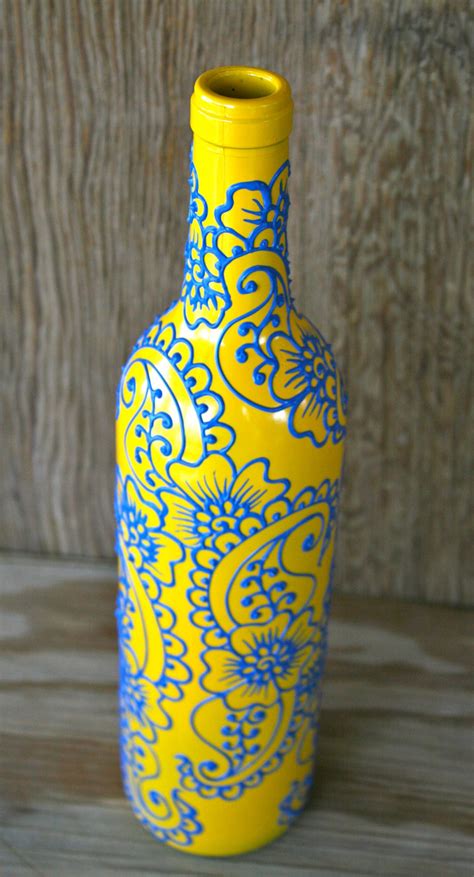 Hand Painted Wine Bottle Vase Sunshine Yellow And Sky Blue Etsy