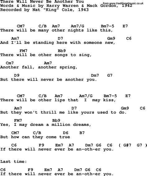 Song lyrics with guitar chords for There Will Never Be Another You