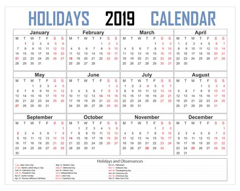 Holidays 2019 Calendar Calendar Printables Calendar 2019 Printable