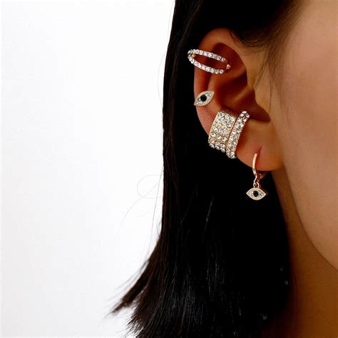cz pave evil eye hoop huggie earrings ear cuffs set crystal etsy in 2022 cuff earrings ear