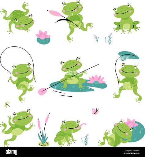 Cartoon Frogs Green Cute Frogs Lake Or Pond Nature And Animal