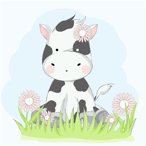 Cute Baby Cow With Flower Cartoon Hand Drawn Stylevector Illustration