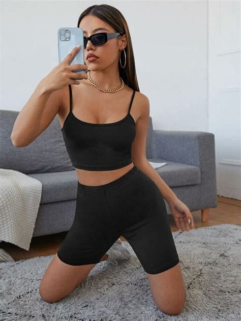 crop solid cami top and biker shorts set in 2021 biker shorts cami tops two piece outfit