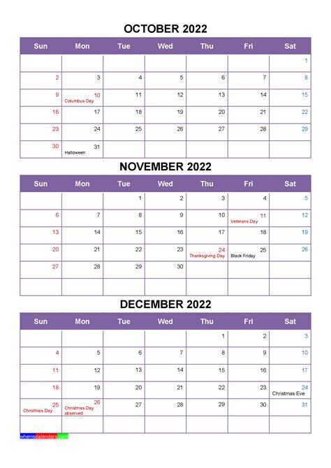 Free Calendar October November December 2022 With Holidays Four