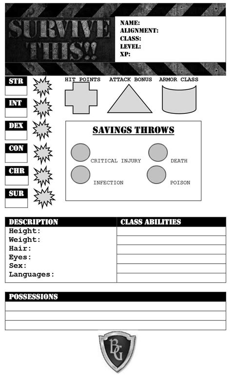 Survive This Zombies Character Sheet Free Bloat Games