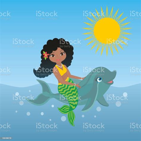 Lovely And Happy Mermaid Riding On Dolphin Calf Fish A Sunny Day Vector