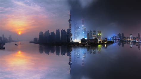Download 1920x1080 Wallpaper City Buildings Reflections Shanghai