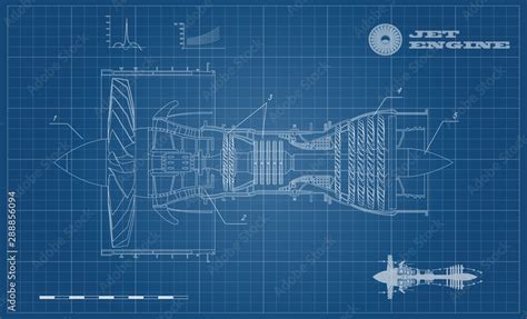 Jet Engine Of Airplane In Outline Style Industrial Aerospase Blueprint