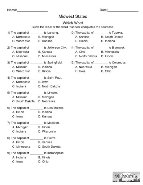 Midwest States and Their Capitals Worksheet for 2nd - 4th Grade