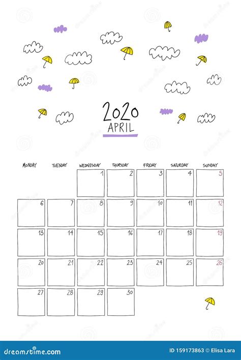 April 2020 Doodle Wall Calendar Stock Vector Illustration Of Letter