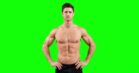Shirtless Serious Man Flexing Muscles In Slow Motion On Green Screen