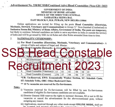 Ssb Head Constable Recruitment Out Apply For Hc Posts