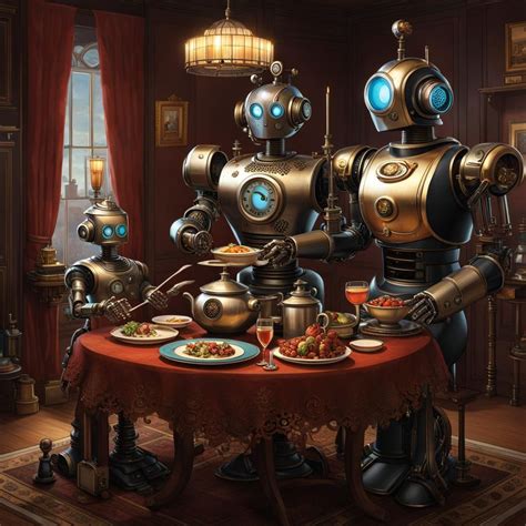 Steampunk Robot Butlers Serving Dinner Ai Generated Artwork