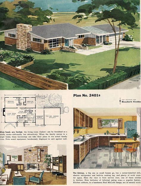 An Artists Renderings And Floor Plan For A Midcentury Suburban Ranch