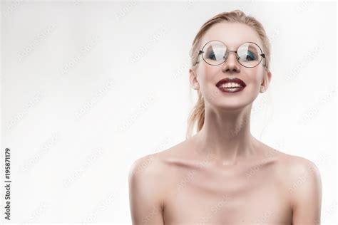 Beautiful Smiling Naked Shoulders Young Girl Wearing Round Glasses Portrait Isolated On White