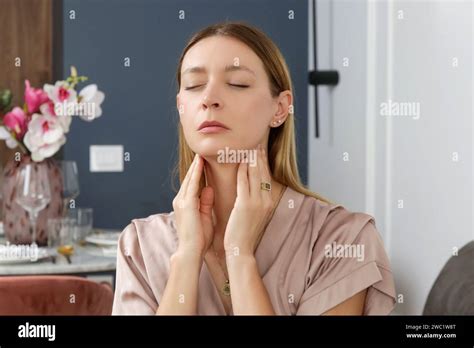 Caucasian Woman Touching Her Throat Sore Throat Cold Flu